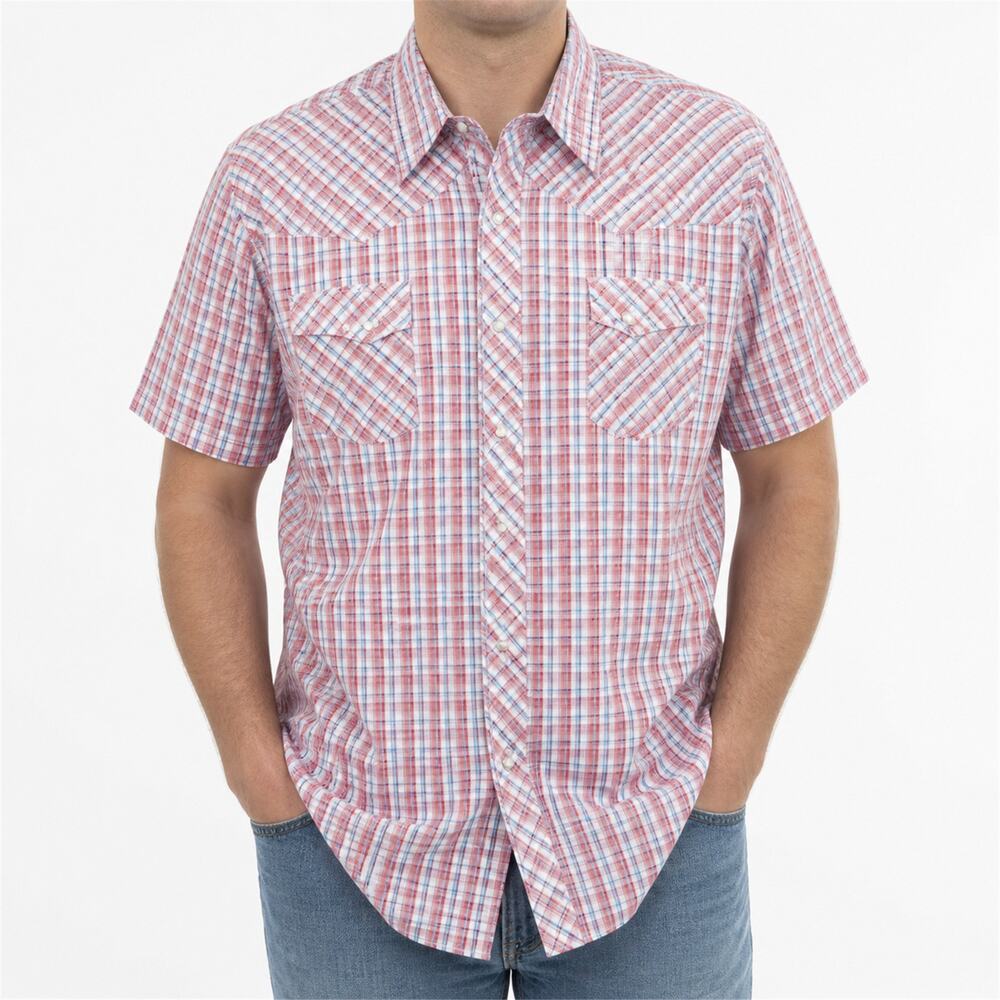 Wrangler Wrancher Shirt Mens XL Red Blue Plaid Western Pearl Snap Short Sleeve